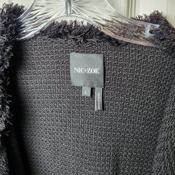 Nic + Zoe Womens Jacket L Black Fringe Open Front Knit Zip Pocket Long Sleeve - Picture 3 of 9